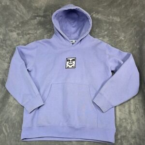 Obey Heavy Hooded Pullover Men's Size M Light Blue Embroidered